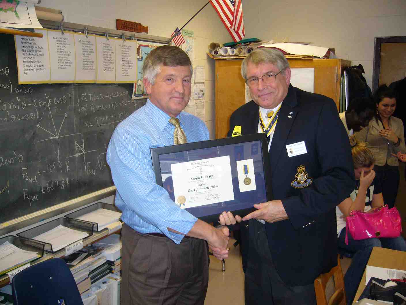 In the attached photo, Fairfax Resolves Chapter President, John E. Sweeney, presents Mr. Payne with a professionaly framed Bronze Citizenship Medal Certificate and mounted medal. 