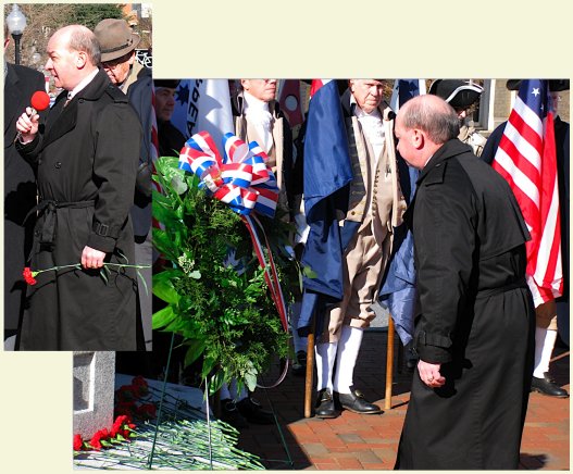 Phil Ray announces the Fairfax Resolves Chapter and and lays a carnation at the base of the Col. Daniel Morgan Monument in downtown Spartansburg.