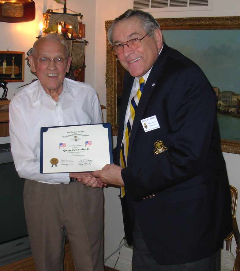 George DeWrazalinski of Arlington is presented an SAR Certificate of Commendation by Chapter President Jack Sweeney