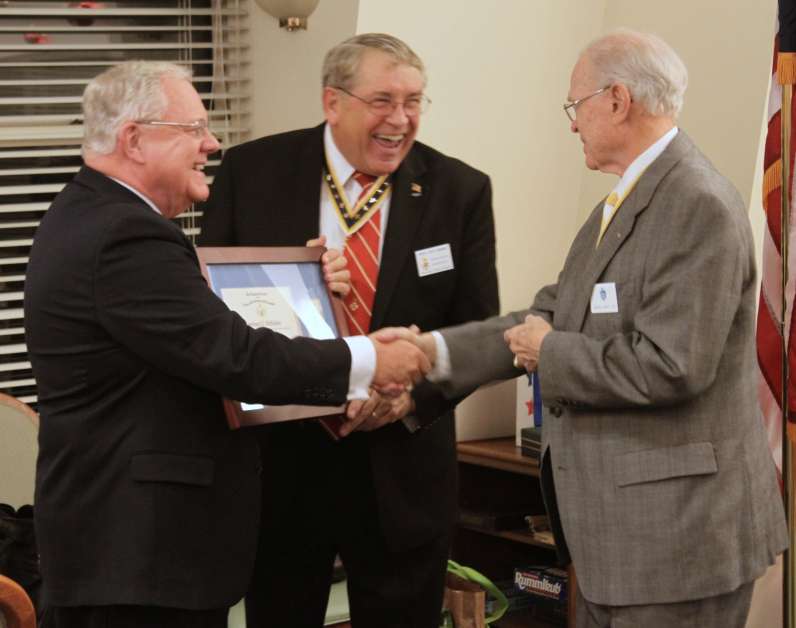 Larry McKinley, in addition to his many other activities, is a central figure in the operations of the Fairfax Resolves Chapter, making the 2010 nomination difficult to coordinate. President Jack Sweeney (middle) and Chairman Dennis Hickey share a chuckle at being able to pull one over on Larry.
