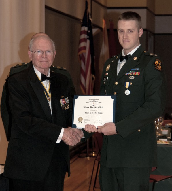 Compatriot Dennis Hickey presented the SAR ROTC Medal to Cadet Dewberry Hall of George Mason University on 7 May, 2011.