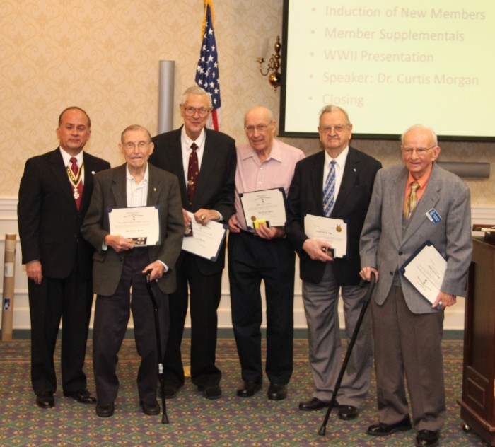 Five compatriots receive the SAR War Service Medal on November 13, 2014, in honor of their service in World War II. Pictured L to R: Chapter President Bill Price, Percy Floyd, Bill Schneider, Lyle Bowman, Jim McCullough, and Don Fenton.