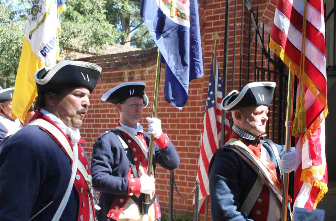 Colorguard Commander Rob Andrews calls commands to Brett Osborn (US Flag) and Darrin Schmidt (Virginia) as the unit prepares to leave George Washington's tomb.