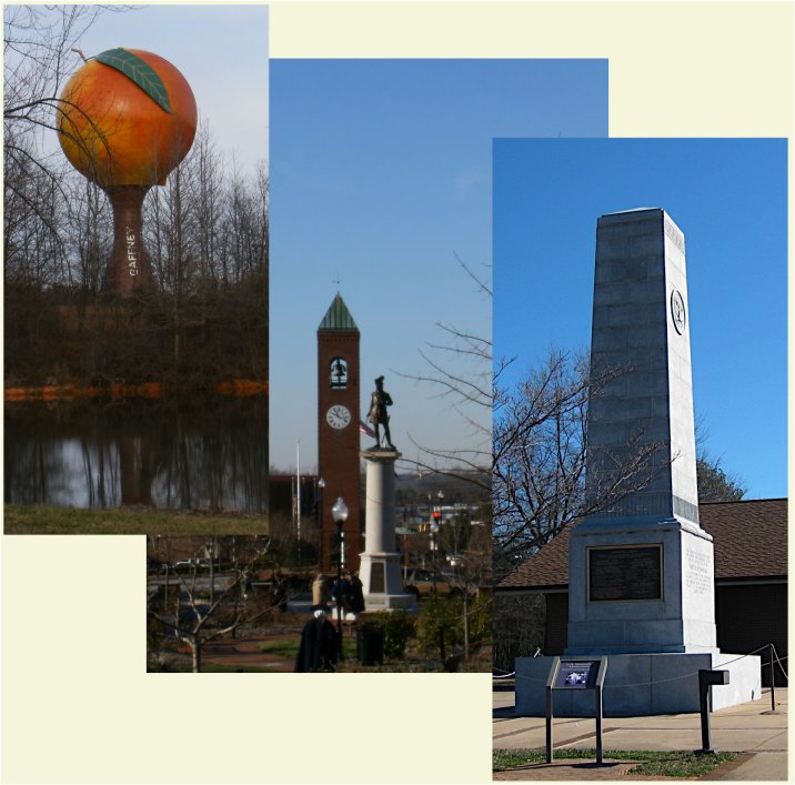 Landmarks around Cowpens and Spartanburg, SC: a water tower, downtown Spartanburg, and the monument at the Cowpens battle site.