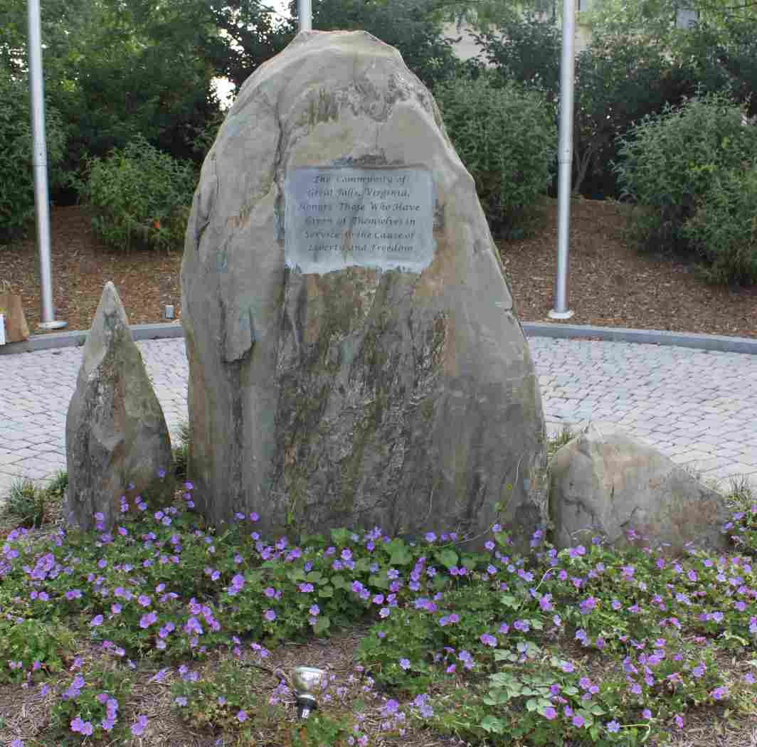 The Great Falls Freedom Memorial. The inscription reads The Community of Great Falls, Virginia, Honors Those Who Have Given Themselves in Service to the Cause of Liberty and Freedom.