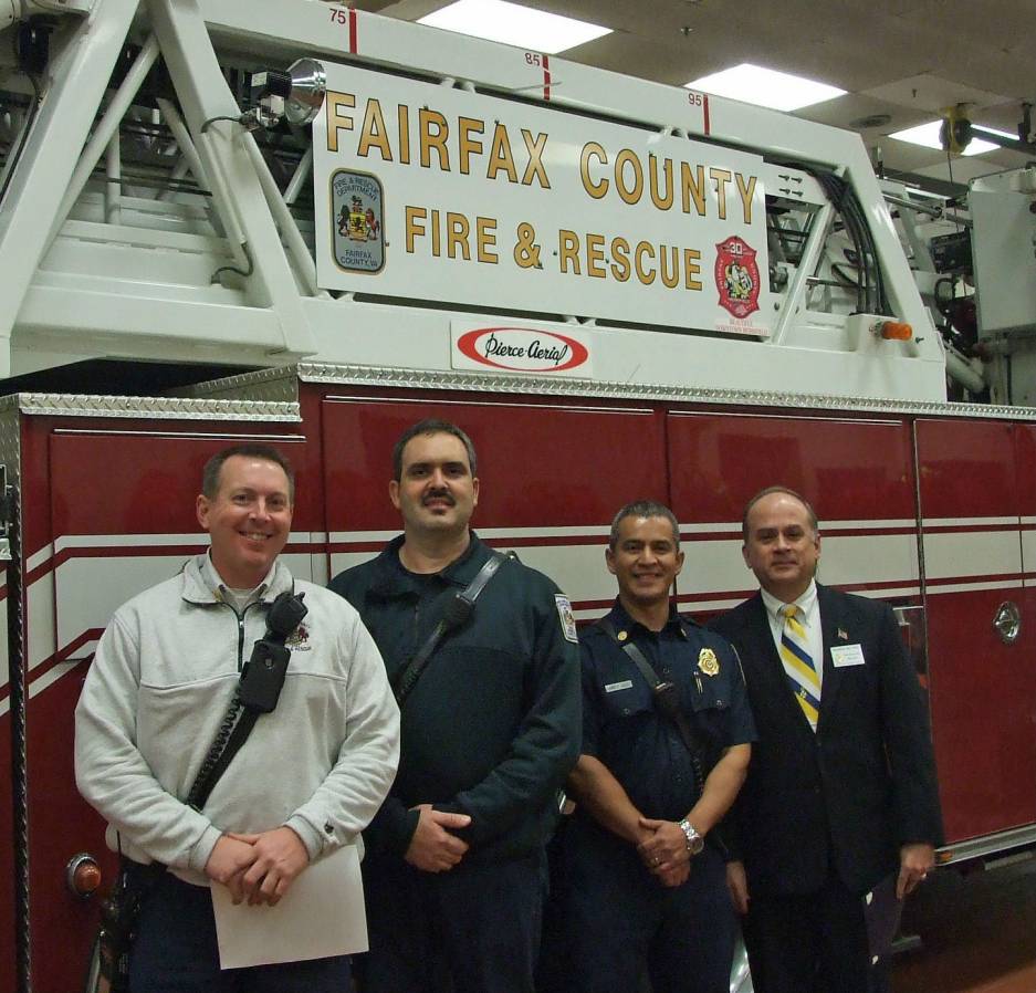 From left to right, Deputy Chief Robert Zoldos, Lieutenant Edward DeCarlo, EMS recipient, Captain II Ramiro Galvez, Fire Safety recipeint, Compatriot Bill Price