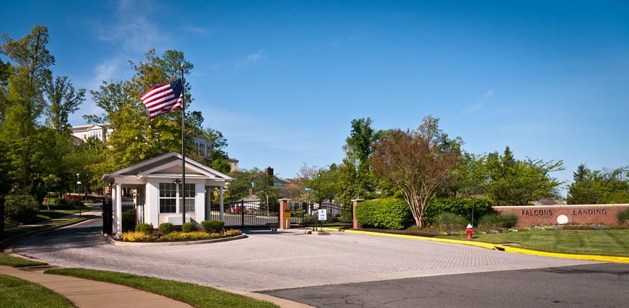 Entrance to Falcons Landing where the American Flag is displayed