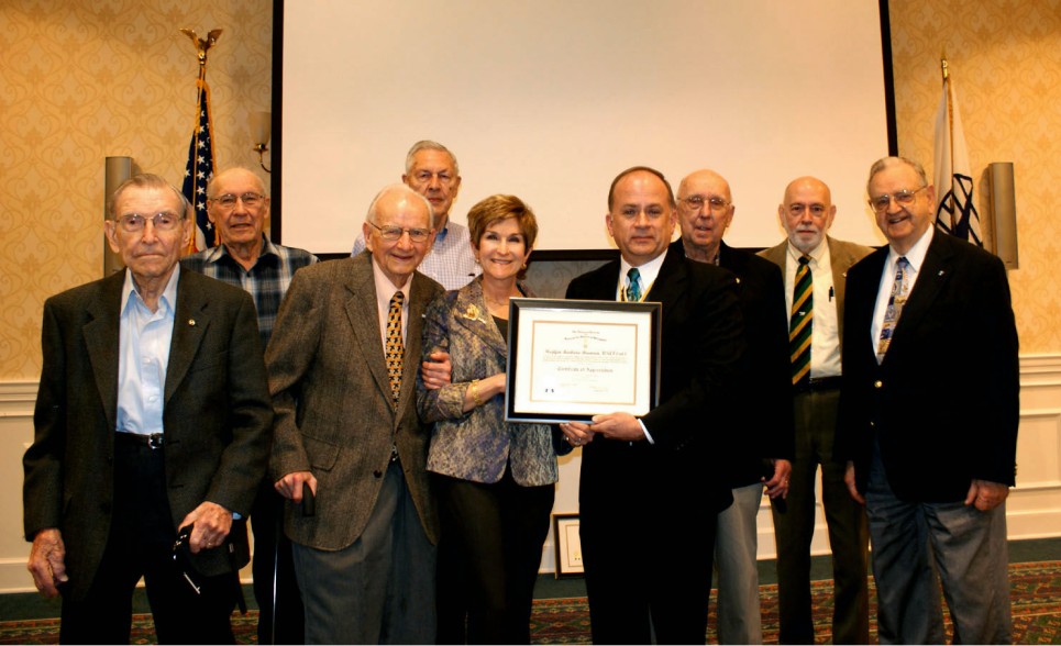 Many of the Falcons Landing residents came out to support the presentation. From L to R: Compatriots Percy Floyd, Lyle Bowman, Don Fenton, Bill Schneider, Barbara Brannon, Compatriots Bill Price, Jim Compton, Howell Sasser, Jim McCullough.